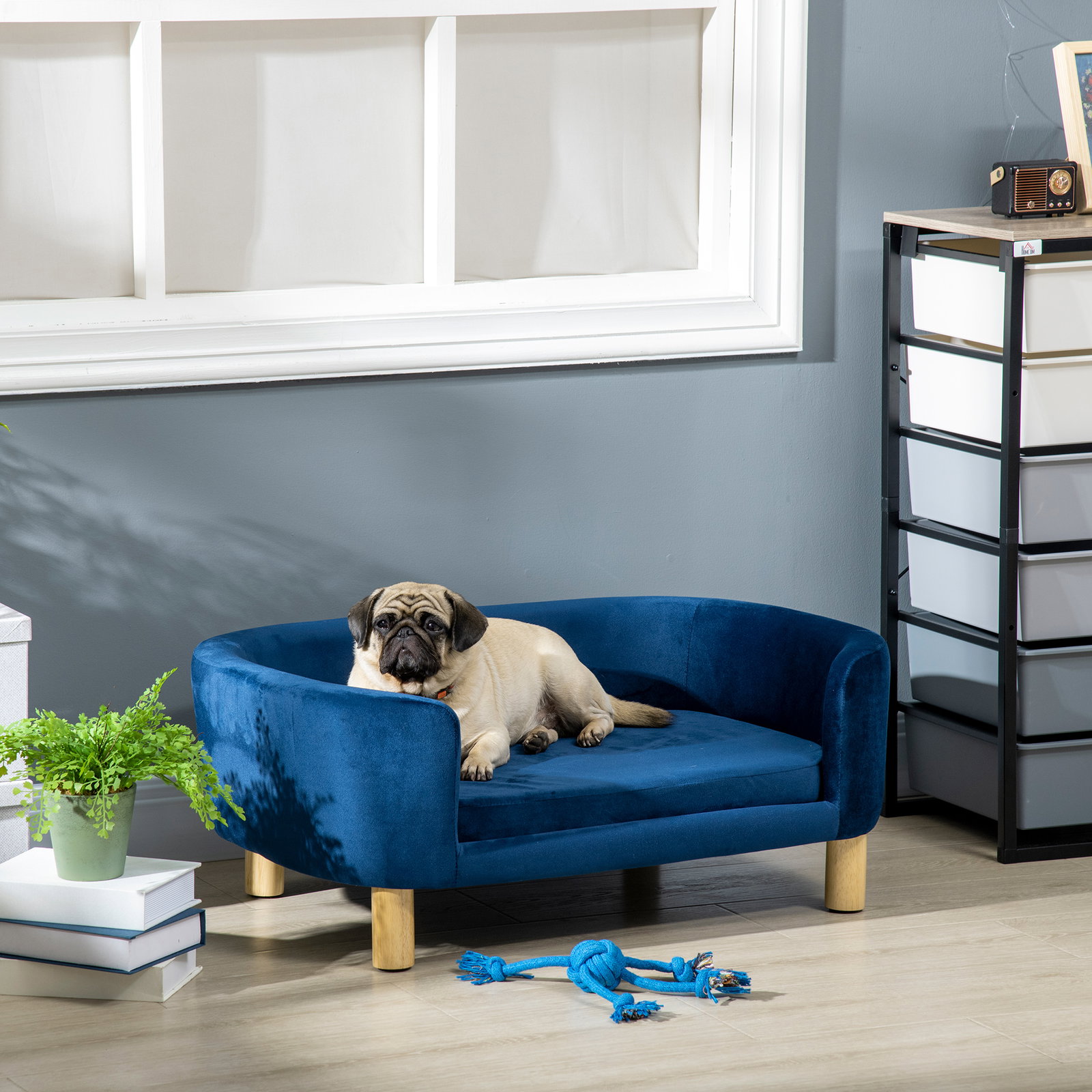 Sofá para cães pequenos com pés de madeira almofada removível e capa lavável 86x55x33 cm azul