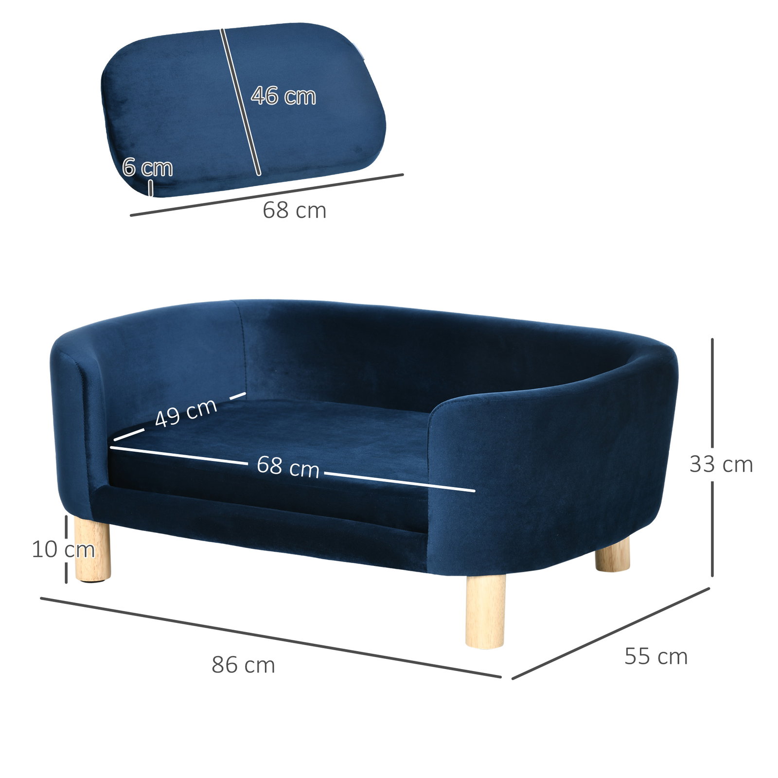 Sofá para cães pequenos com pés de madeira almofada removível e capa lavável 86x55x33 cm azul