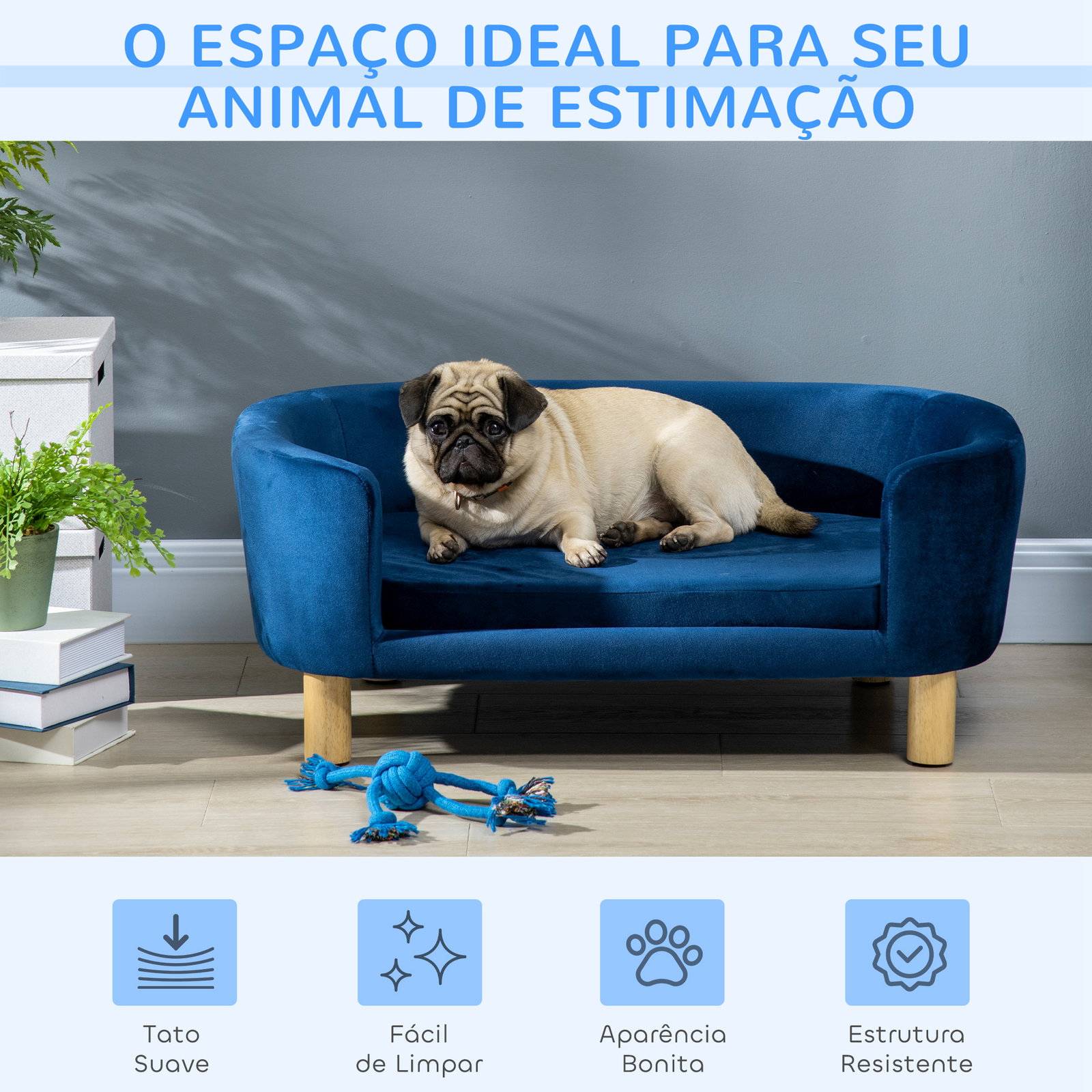 Sofá para cães pequenos com pés de madeira almofada removível e capa lavável 86x55x33 cm azul