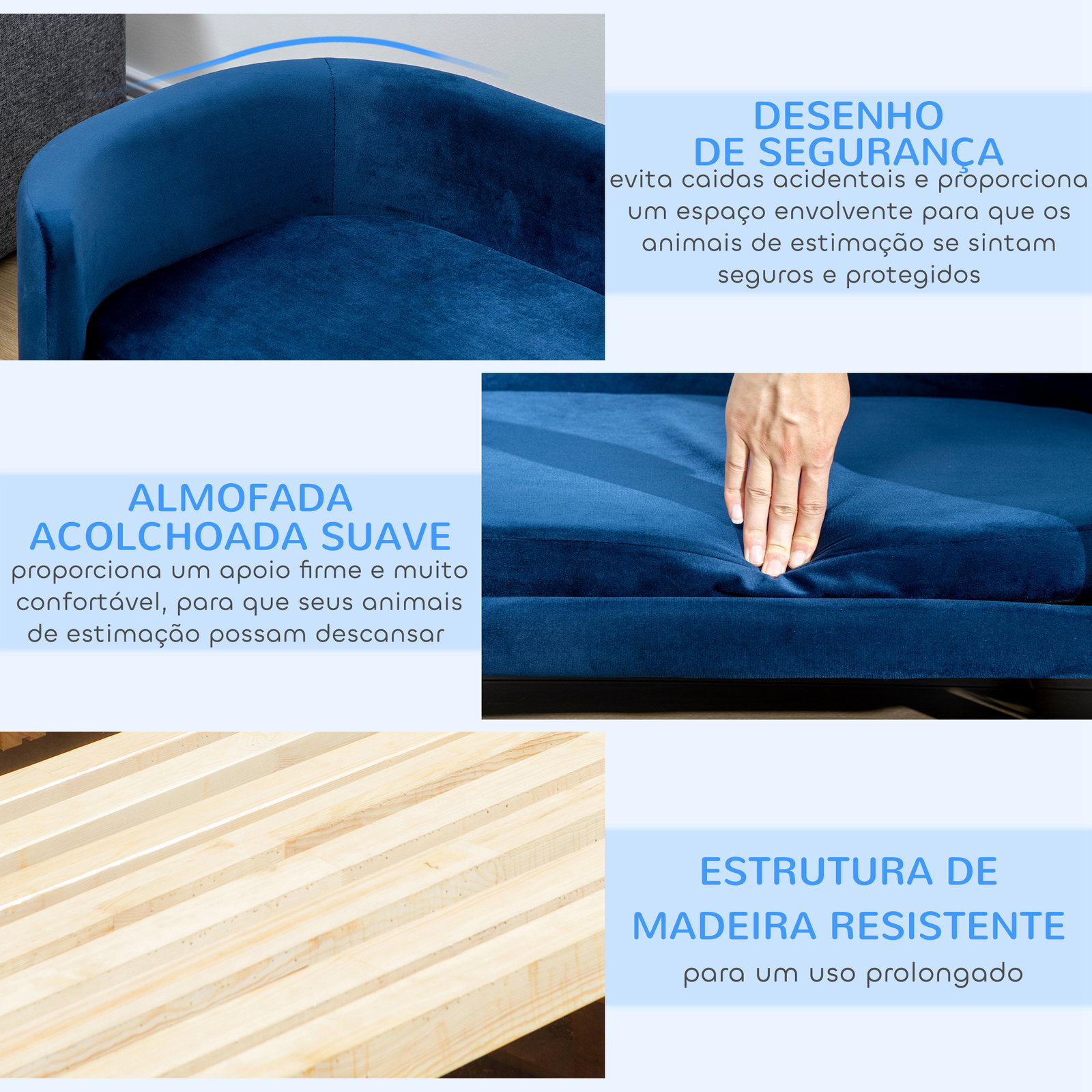 Sofá para cães pequenos com pés de madeira almofada removível e capa lavável 86x55x33 cm azul
