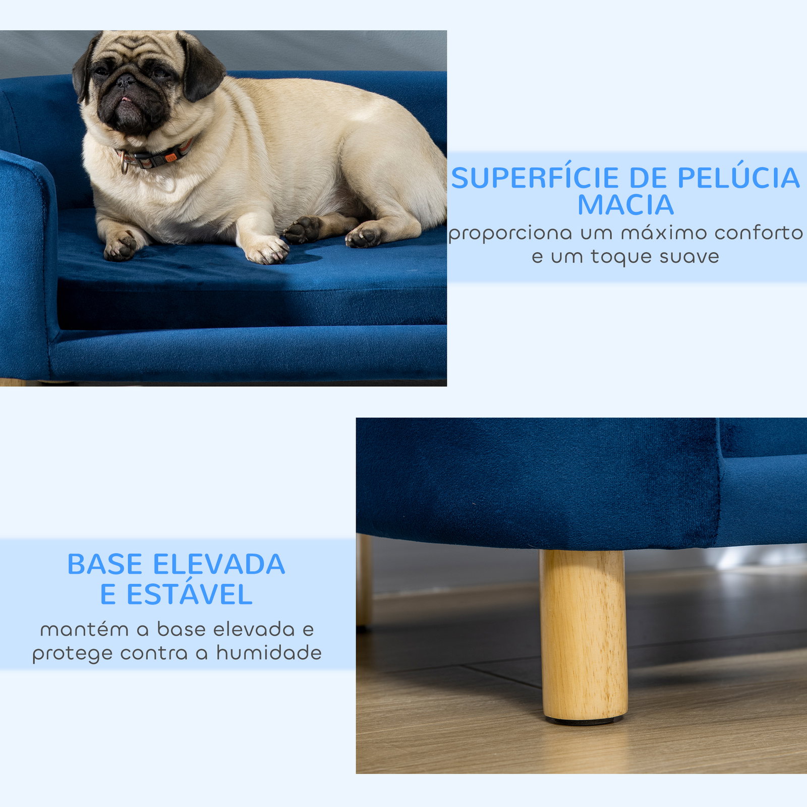 Sofá para cães pequenos com pés de madeira almofada removível e capa lavável 86x55x33 cm azul