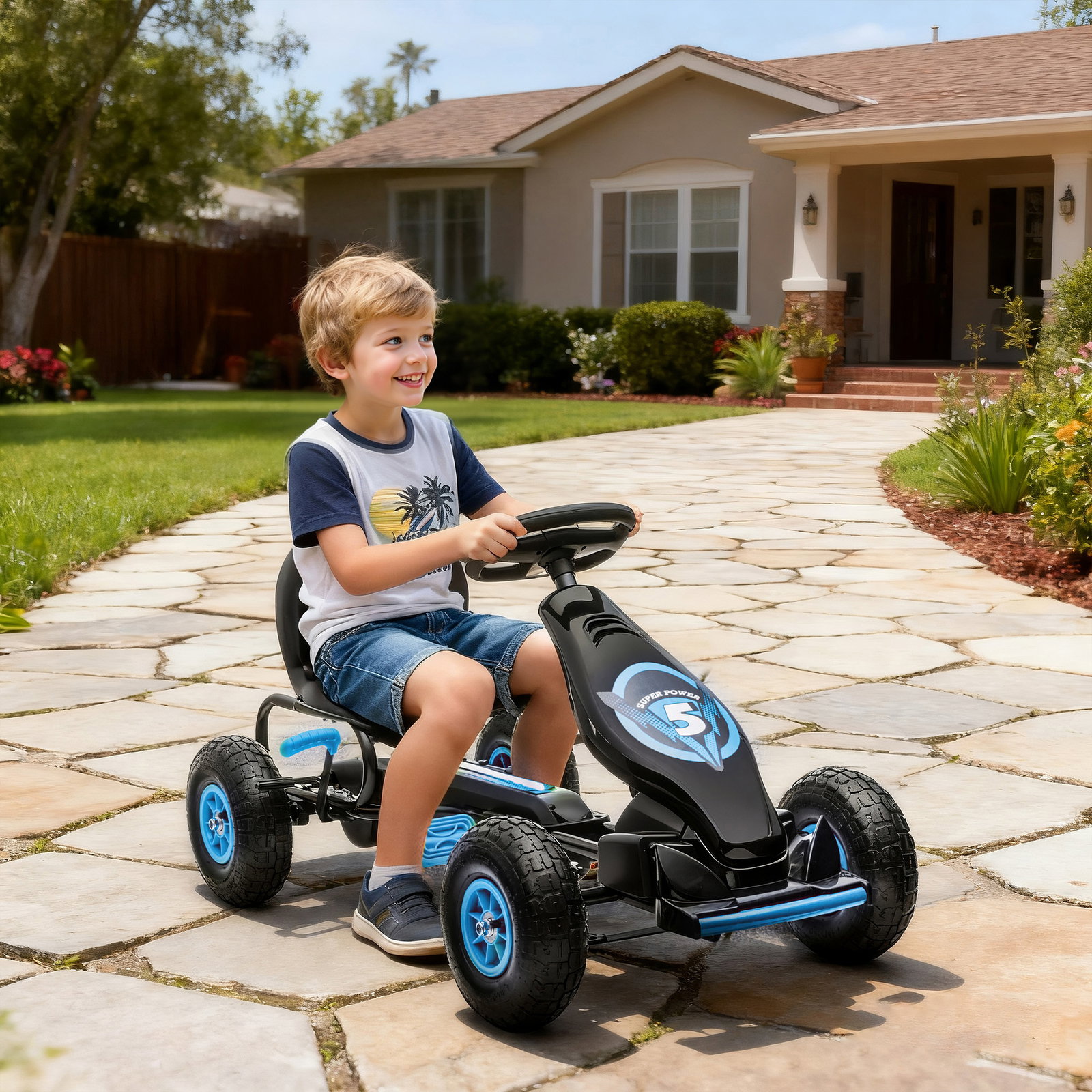 Kart a pedais para crianças 5-12 anos com assento ajustável pneus insufláveis amortecimento e travão de mão 121x58x61cm azul