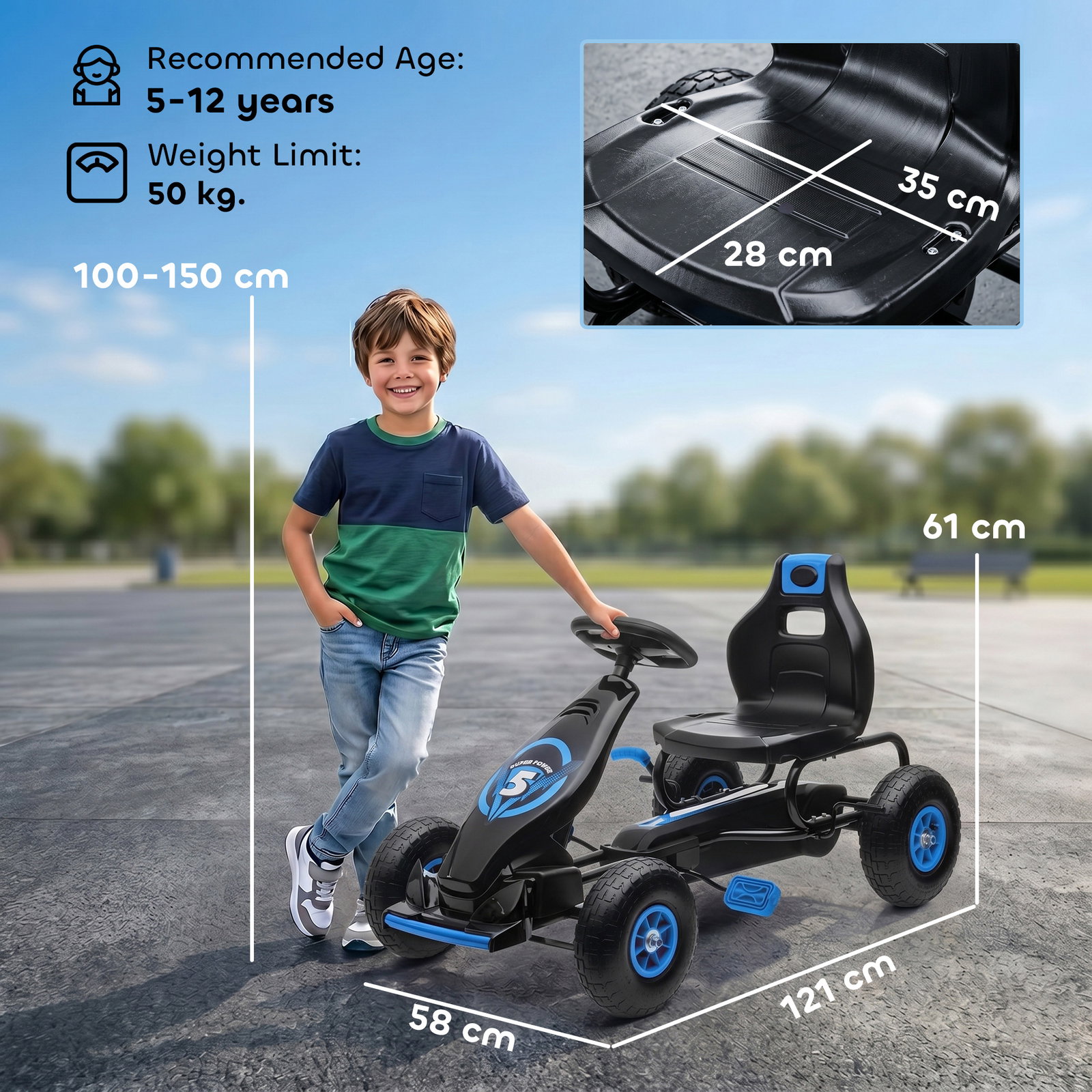 Kart a pedais para crianças 5-12 anos com assento ajustável pneus insufláveis amortecimento e travão de mão 121x58x61cm azul