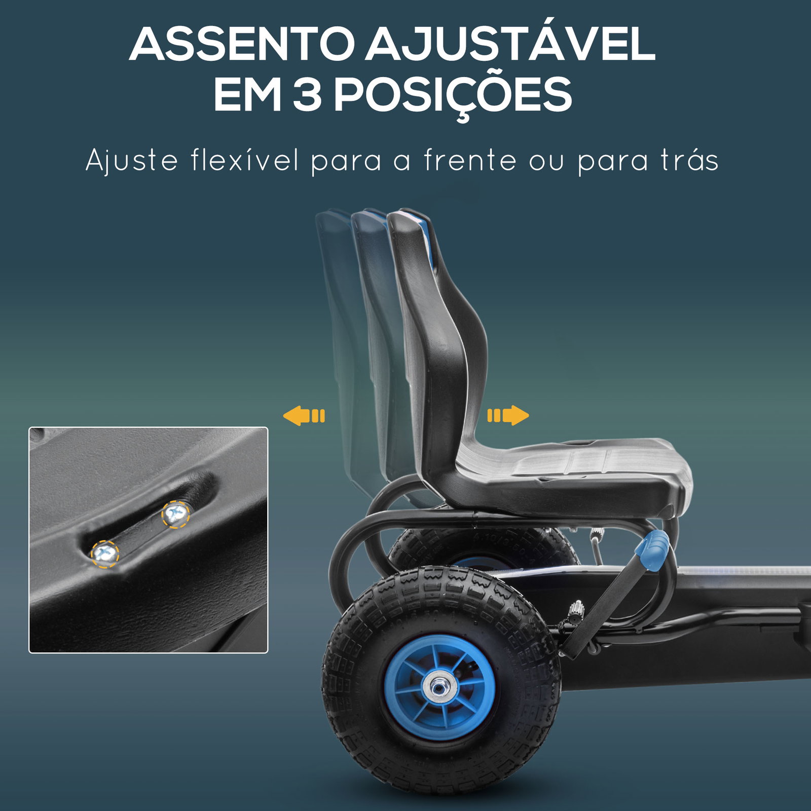 Kart a pedais para crianças 5-12 anos com assento ajustável pneus insufláveis amortecimento e travão de mão 121x58x61cm azul