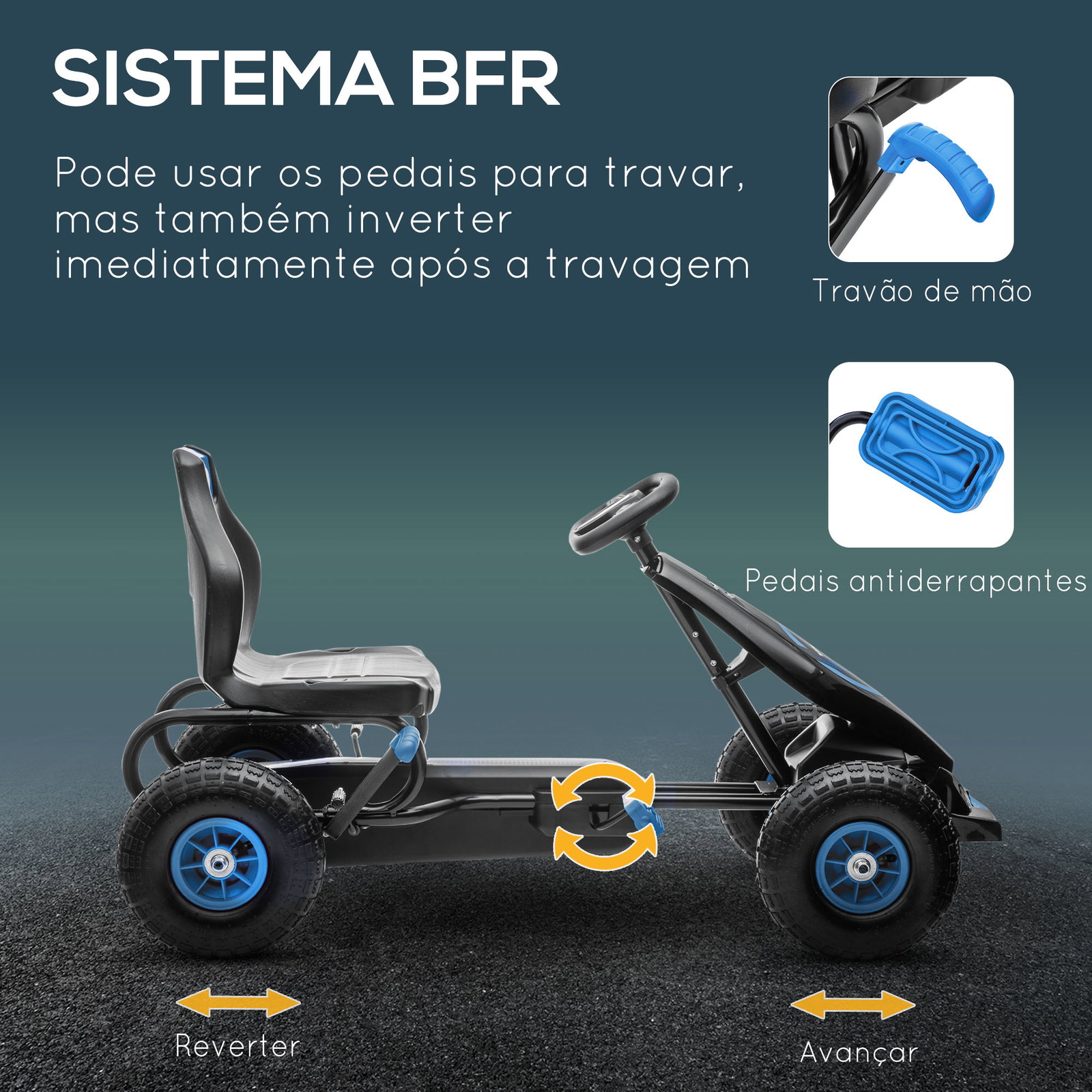 Kart a pedais para crianças 5-12 anos com assento ajustável pneus insufláveis amortecimento e travão de mão 121x58x61cm azul