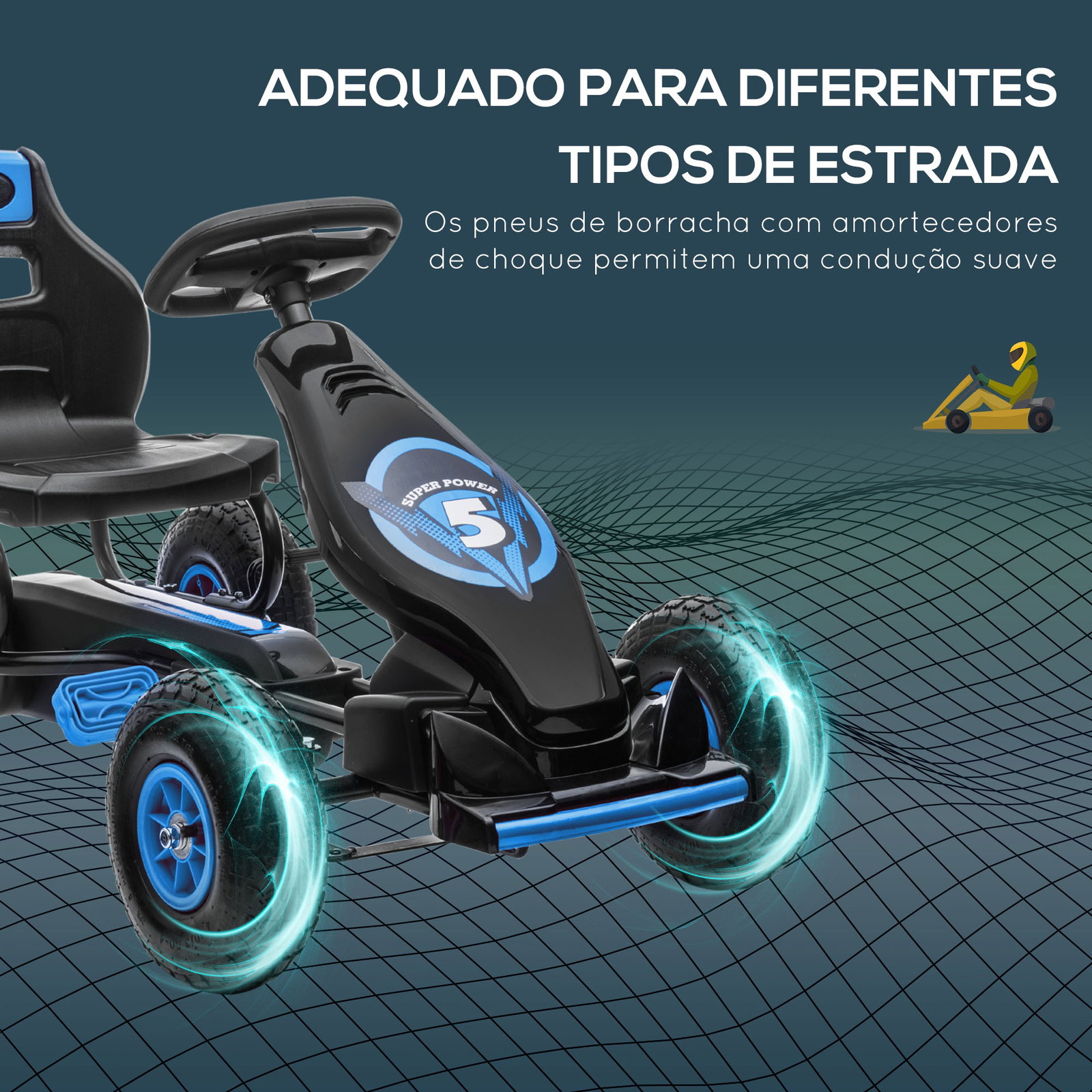 Kart a pedais para crianças 5-12 anos com assento ajustável pneus insufláveis amortecimento e travão de mão 121x58x61cm azul