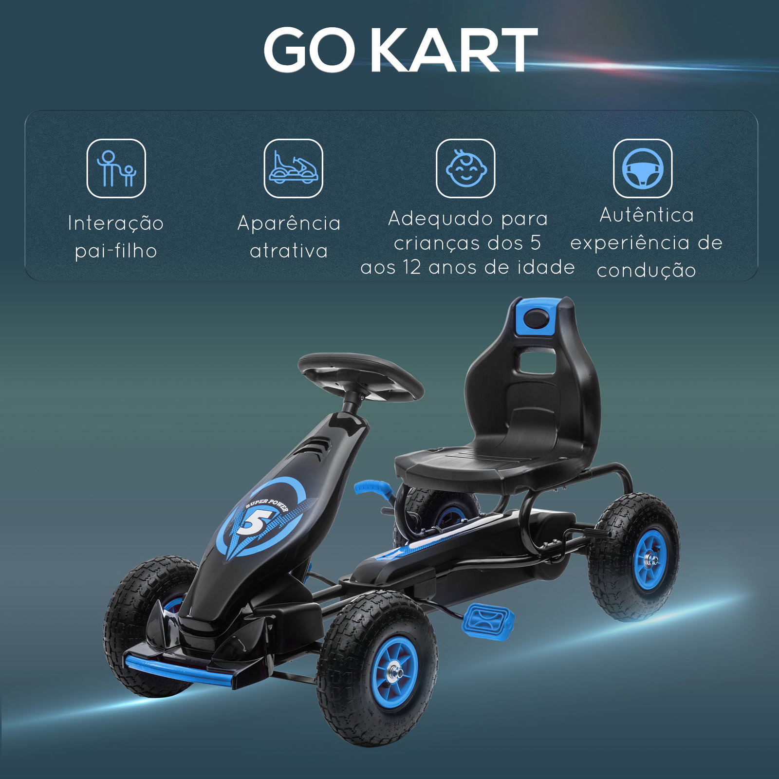 Kart a pedais para crianças 5-12 anos com assento ajustável pneus insufláveis amortecimento e travão de mão 121x58x61cm azul