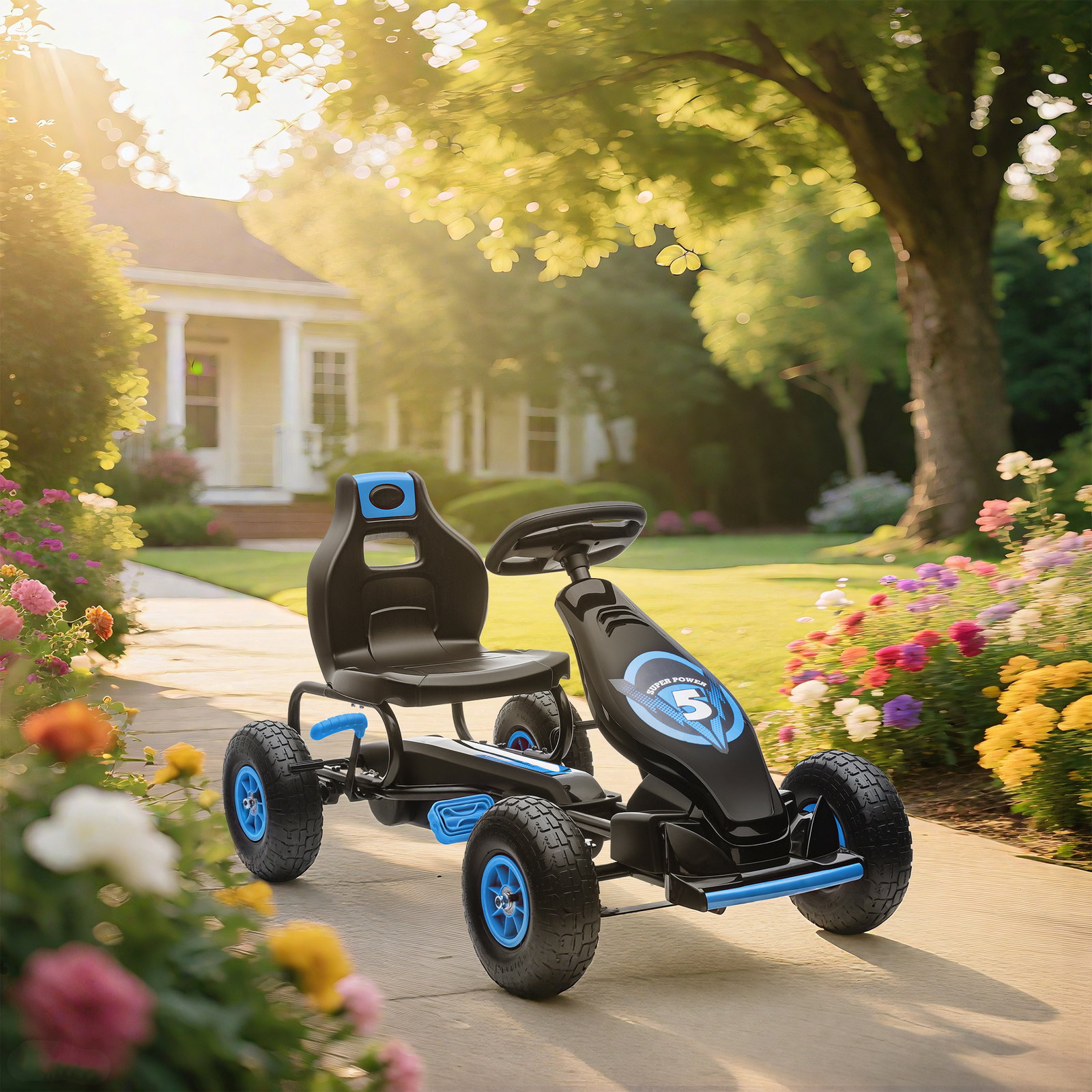 Kart a pedais para crianças 5-12 anos com assento ajustável pneus insufláveis amortecimento e travão de mão 121x58x61cm azul