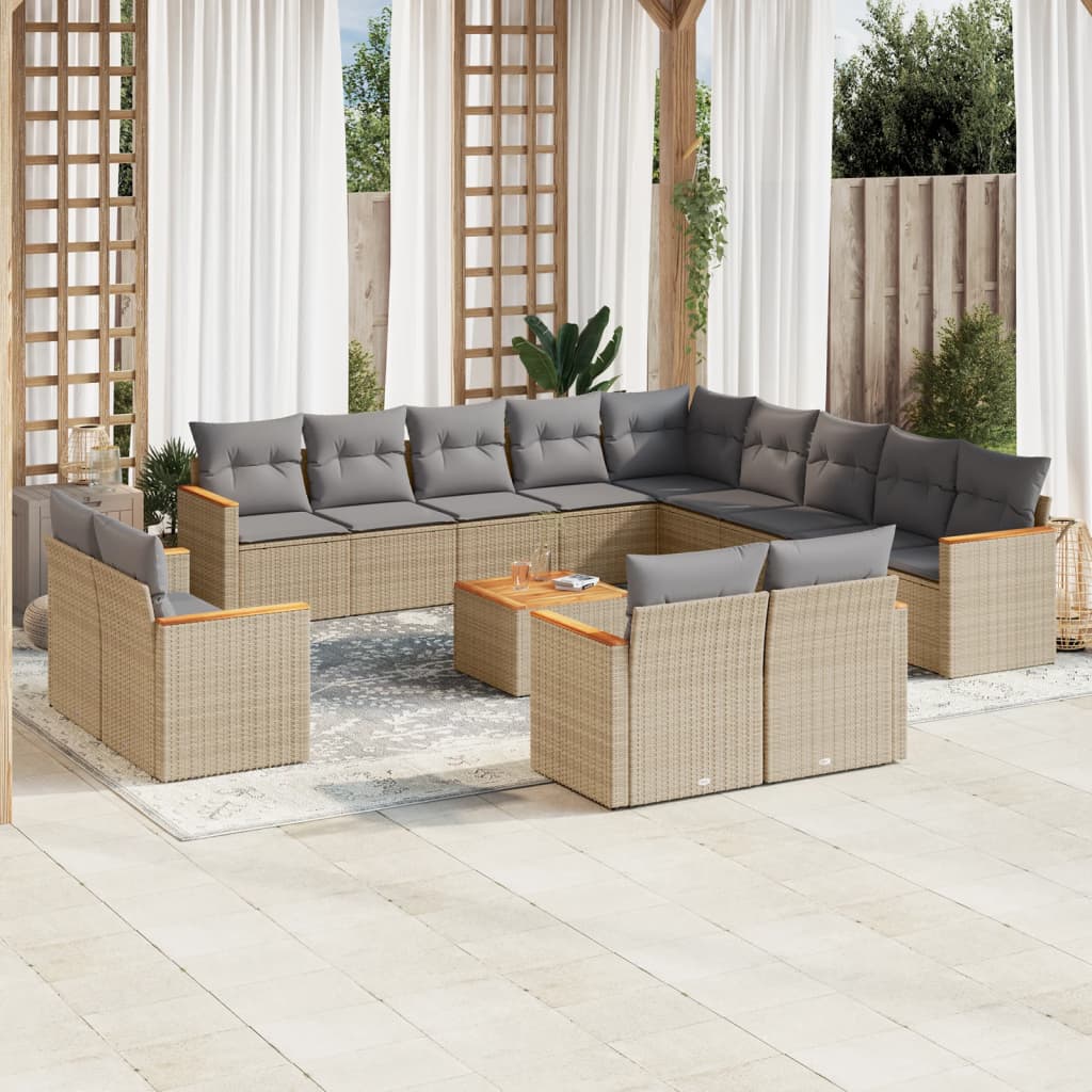 14 Pcs conj. sofás jardim c/ almofadões vime PE bege misturado