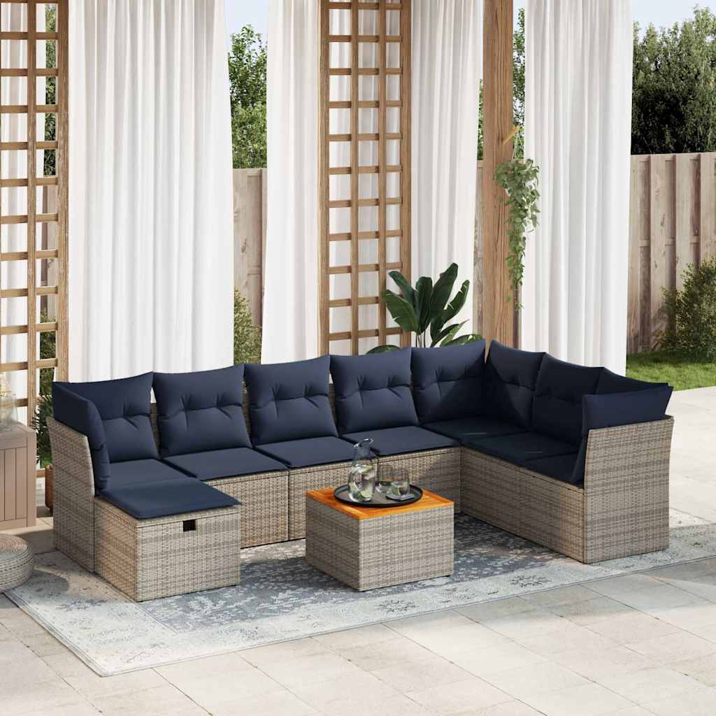 9 Pcs conjunto sofás p/ jardim com almofadões vime PE cinzento