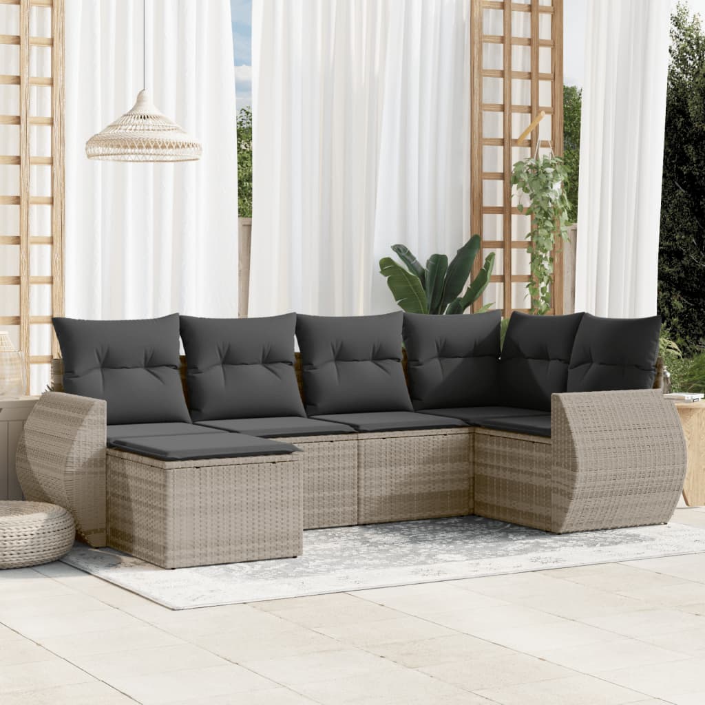 6 Pcs conj. sofás jardim com almofadões vime PE cinzento-claro