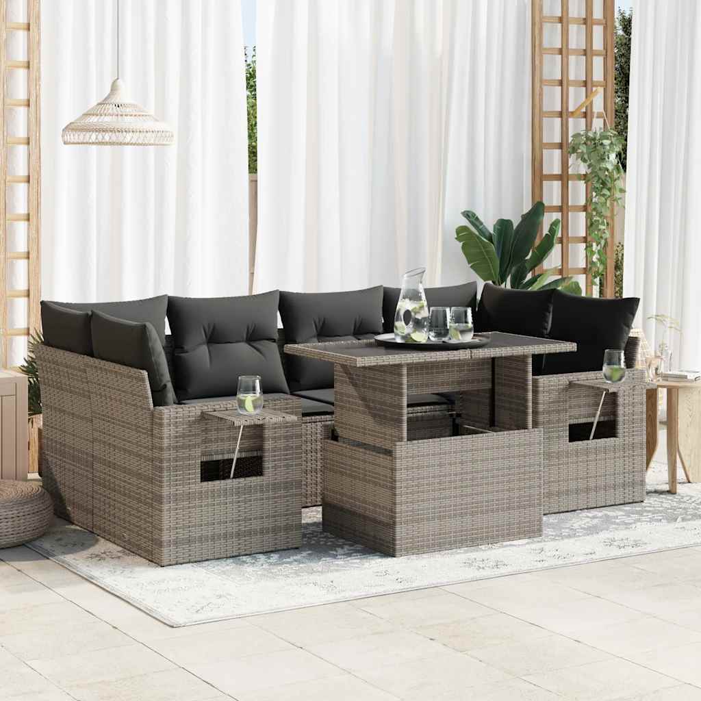 7 Pcs conjunto sofás p/ jardim c/ almofadões vime PE cinzento