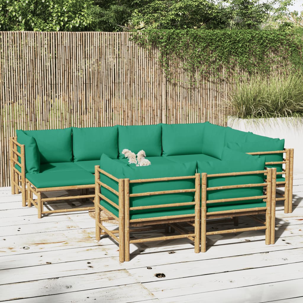 10 Pcs conjunto lounge de jardim bambu c/ almofadões verdes