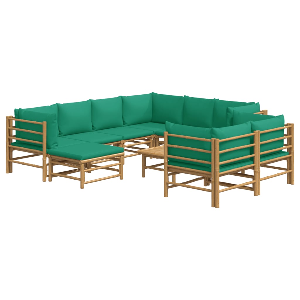 10 Pcs conjunto lounge de jardim bambu c/ almofadões verdes