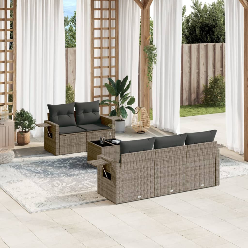 6 Pcs conjunto sofás de jardim com almofadões vime cinzento