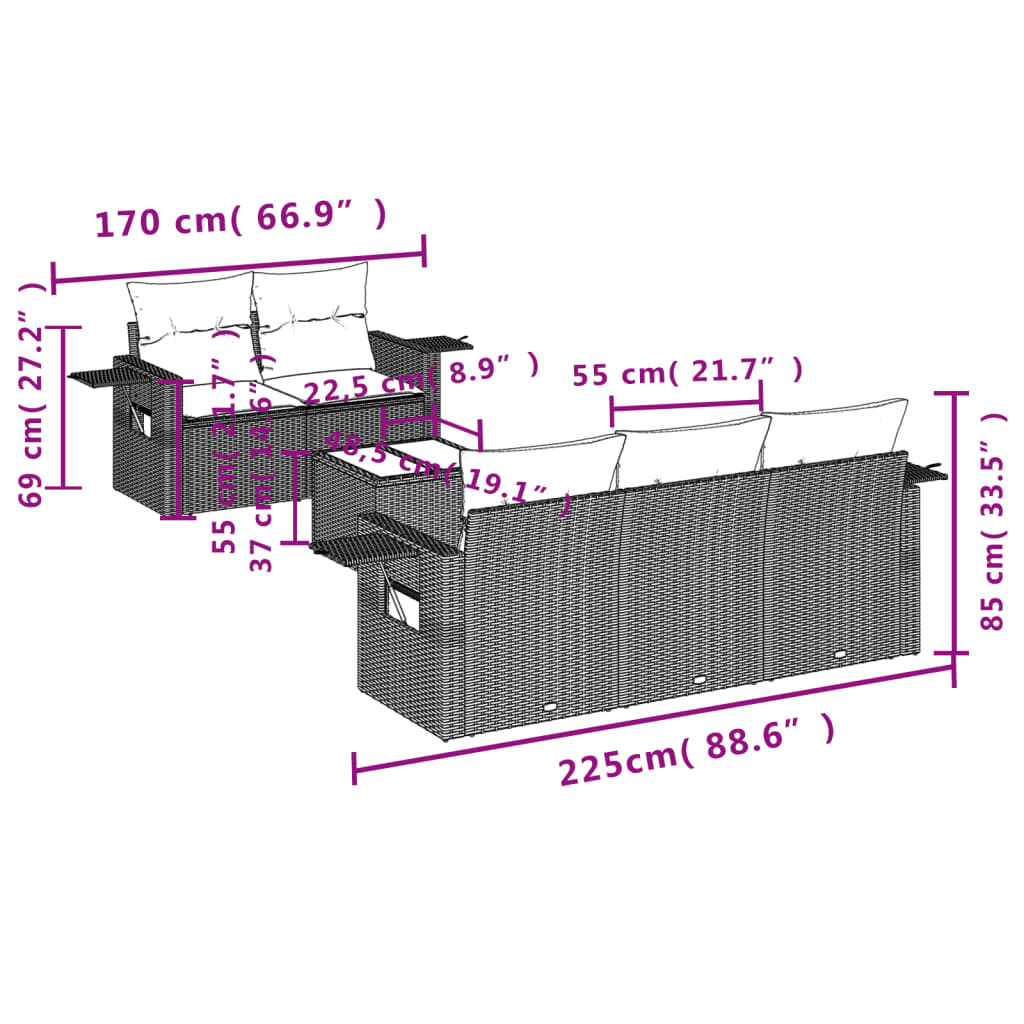 6 Pcs conjunto sofás de jardim com almofadões vime cinzento
