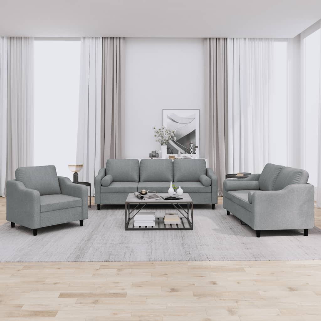 3 Pcs conjunto de sofás com almofadas tecido cinzento-claro