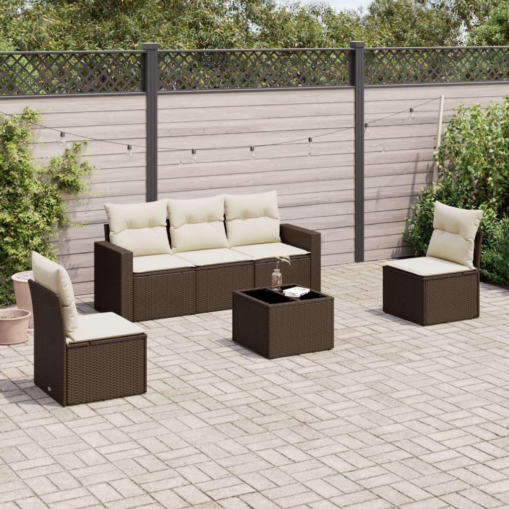 6 Pcs conjunto de sofás jardim c/ almofadões vime PE castanho