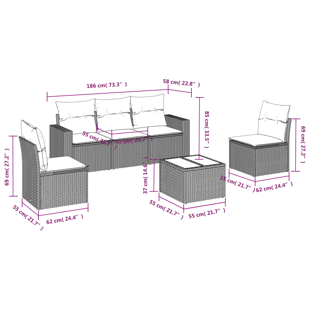 6 Pcs conjunto de sofás jardim c/ almofadões vime PE castanho