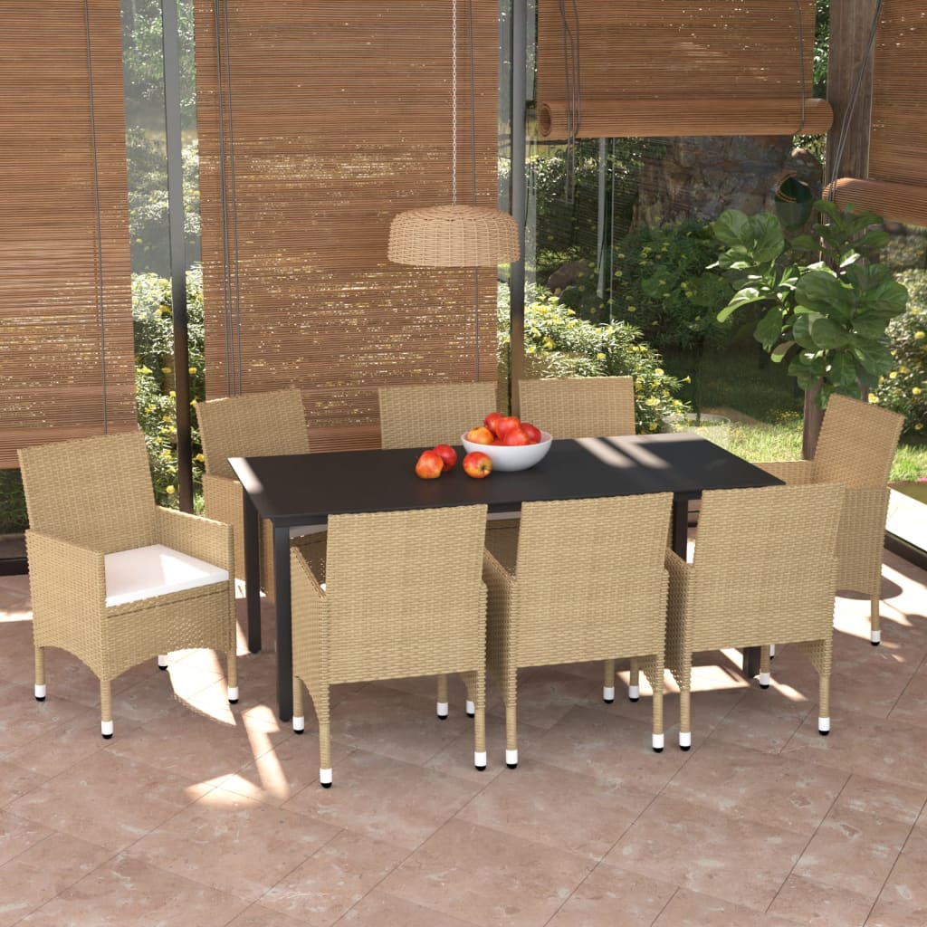 9 Pcs conjunto jantar p/ jardim c/ almofadões vime PE bege