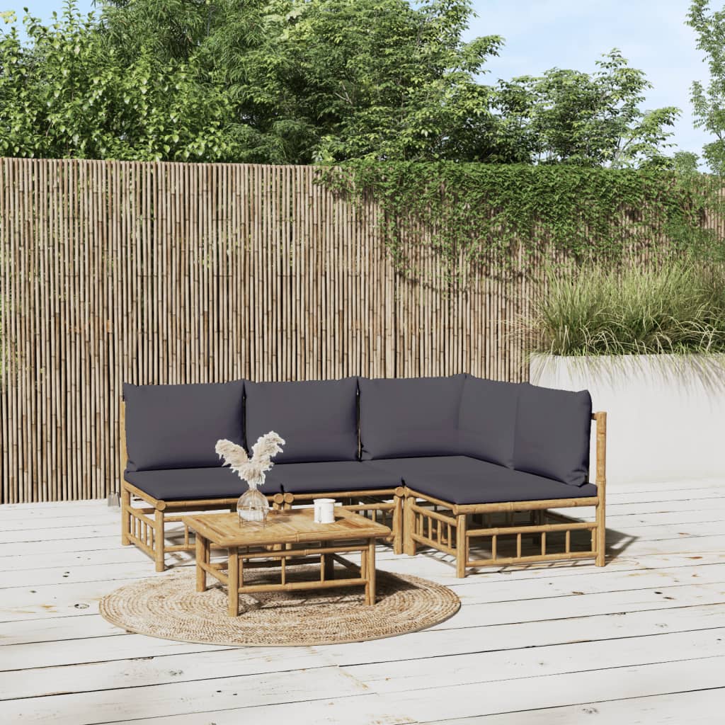 5 Pcs conjunto lounge jardim bambu c/ almofadões cinza-escuro