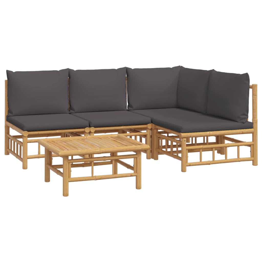 5 Pcs conjunto lounge jardim bambu c/ almofadões cinza-escuro