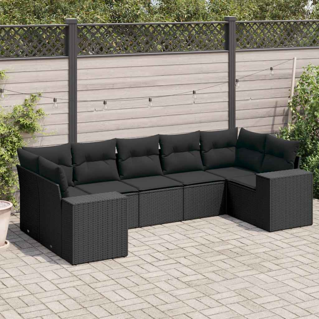 7 Pcs conjunto de sofás p/ jardim c/ almofadões vime PE preto