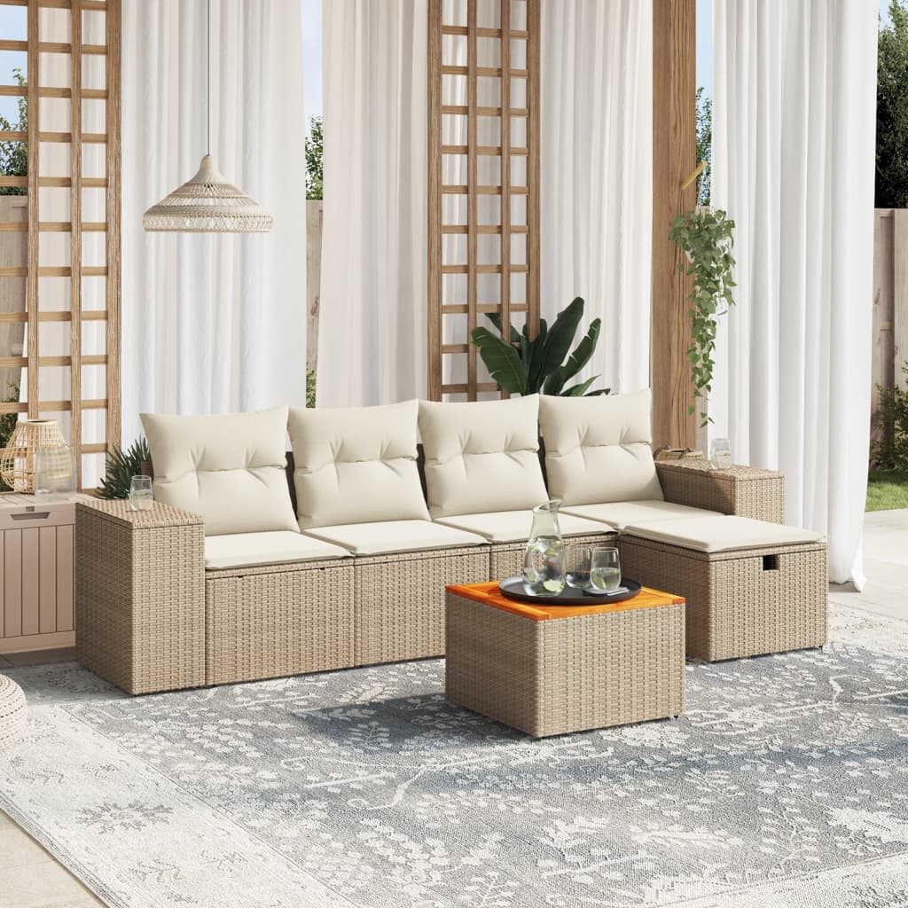 6 Pcs conjunto de sofás p/ jardim com almofadões vime PE bege
