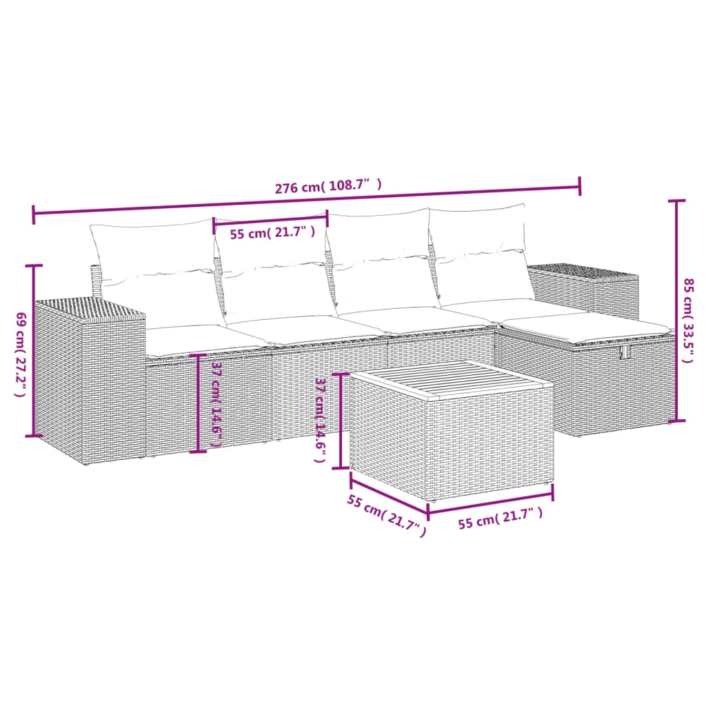 6 Pcs conjunto de sofás p/ jardim com almofadões vime PE bege
