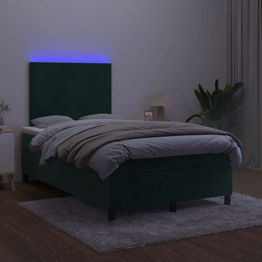 Cama box spring c/ colchão/LED 120x200 cm veludo verde-escuro