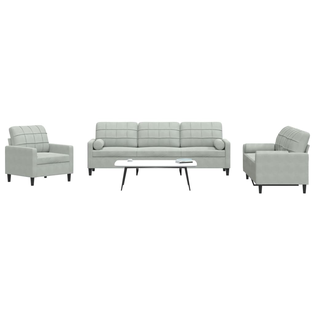 3 Pcs conjunto sofás com almofadões e rolos veludo cinza-claro