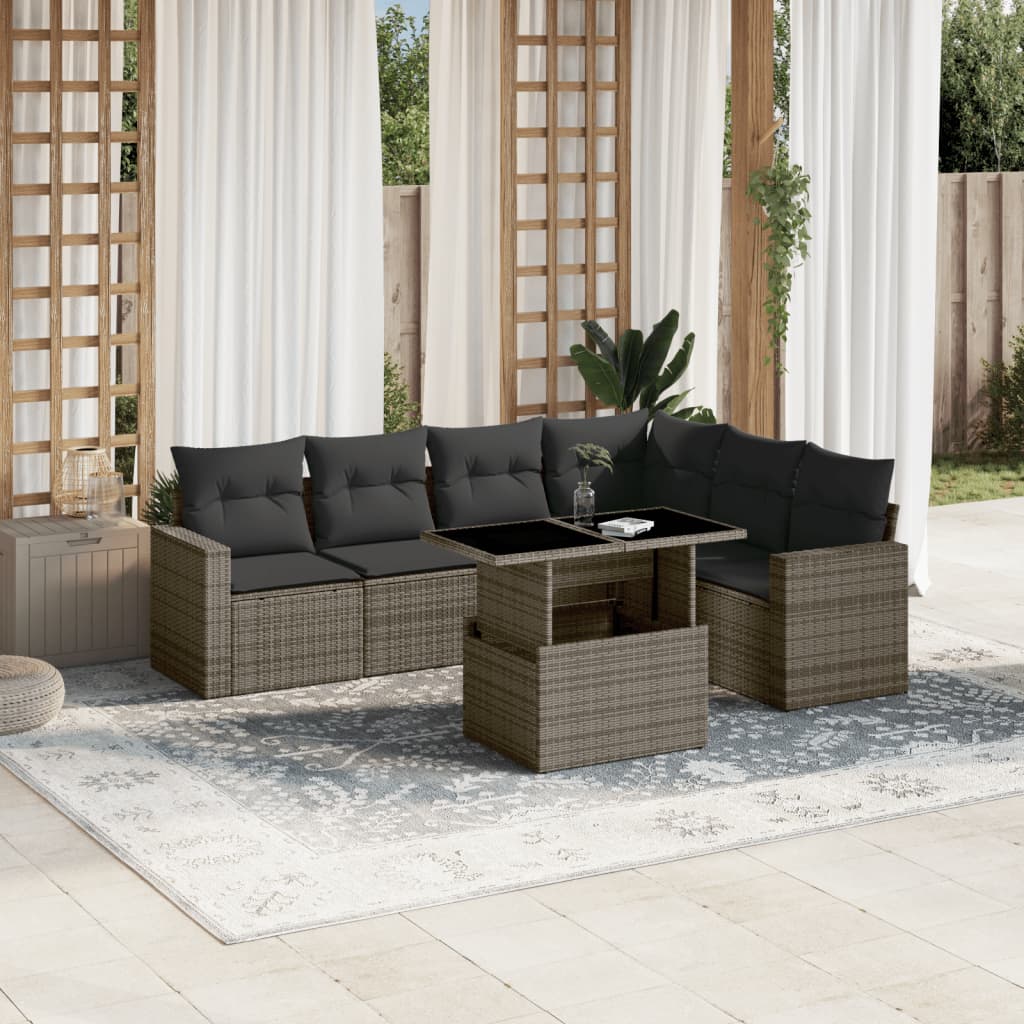 7 Pcs conjunto sofás p/ jardim c/ almofadões vime PE cinzento