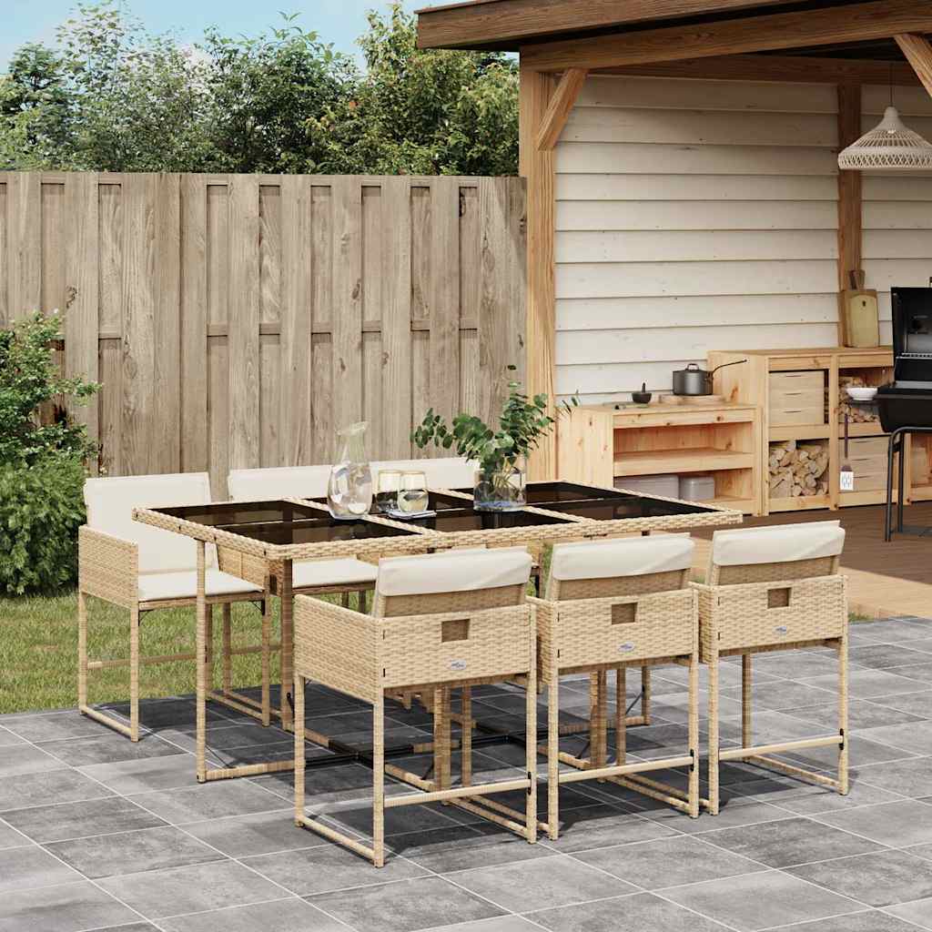 7 Pcs conjunto de jantar p/ jardim com almofadões vime PE bege