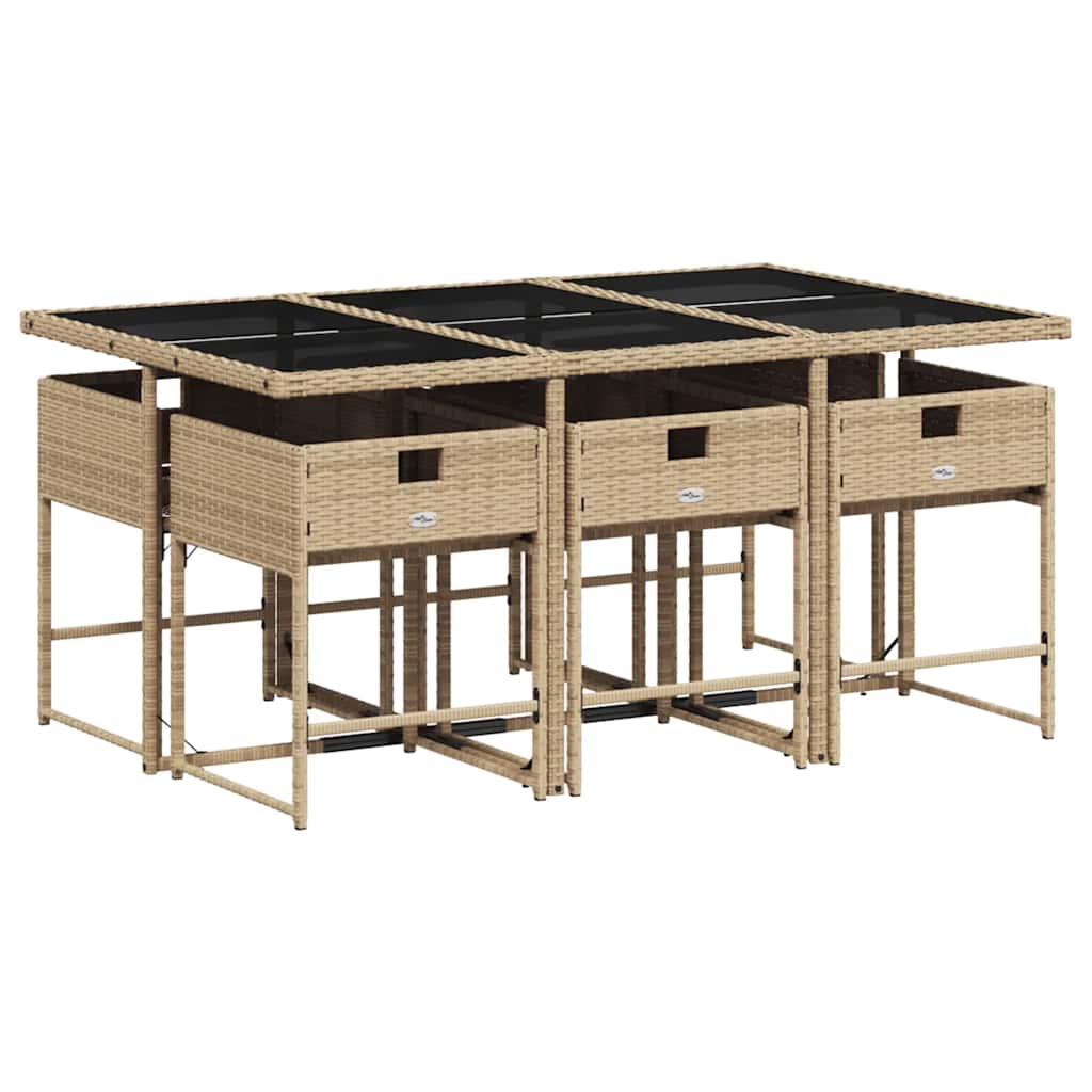 7 Pcs conjunto de jantar p/ jardim com almofadões vime PE bege