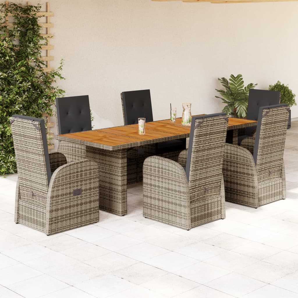 7 Pcs conjunto de jantar p/ jardim c/ almofadões vime PE cinza