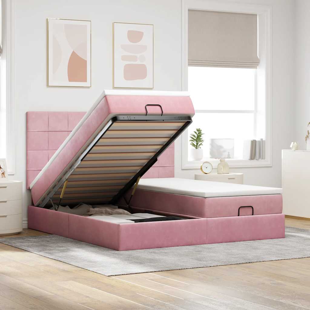 Moldura de cama otomana com colchão rosa 200x200cm veludo