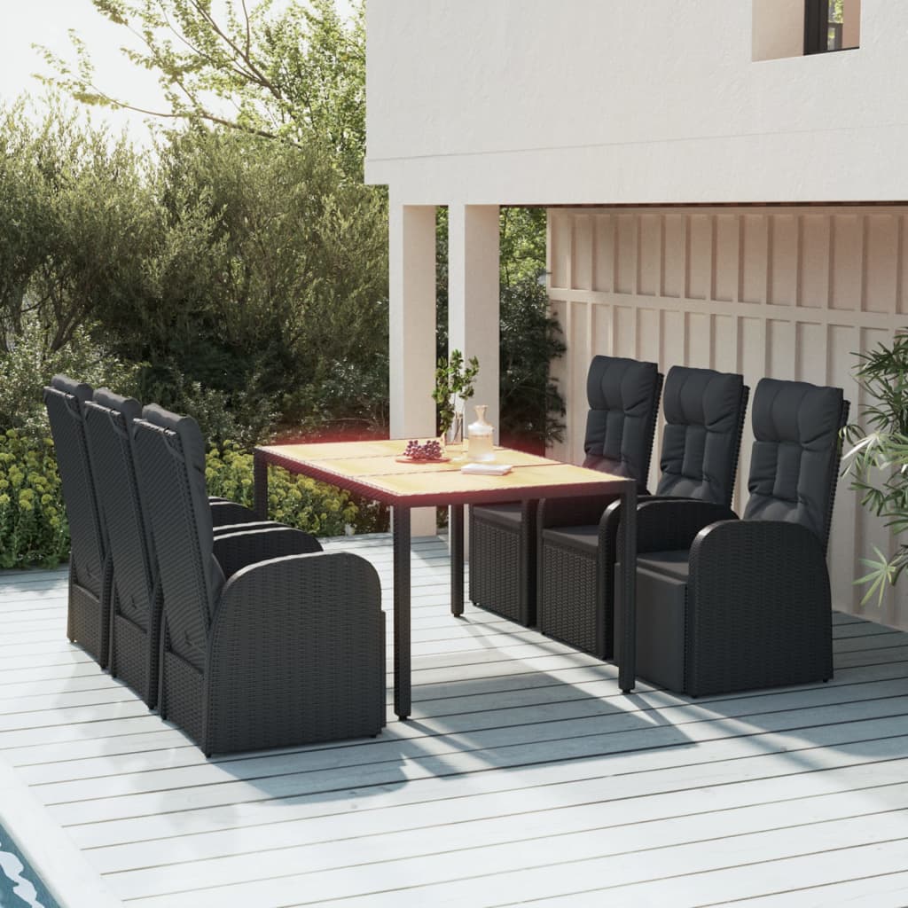7 Pcs conjunto de jantar p/ jardim c/ almofadões vime PE preto