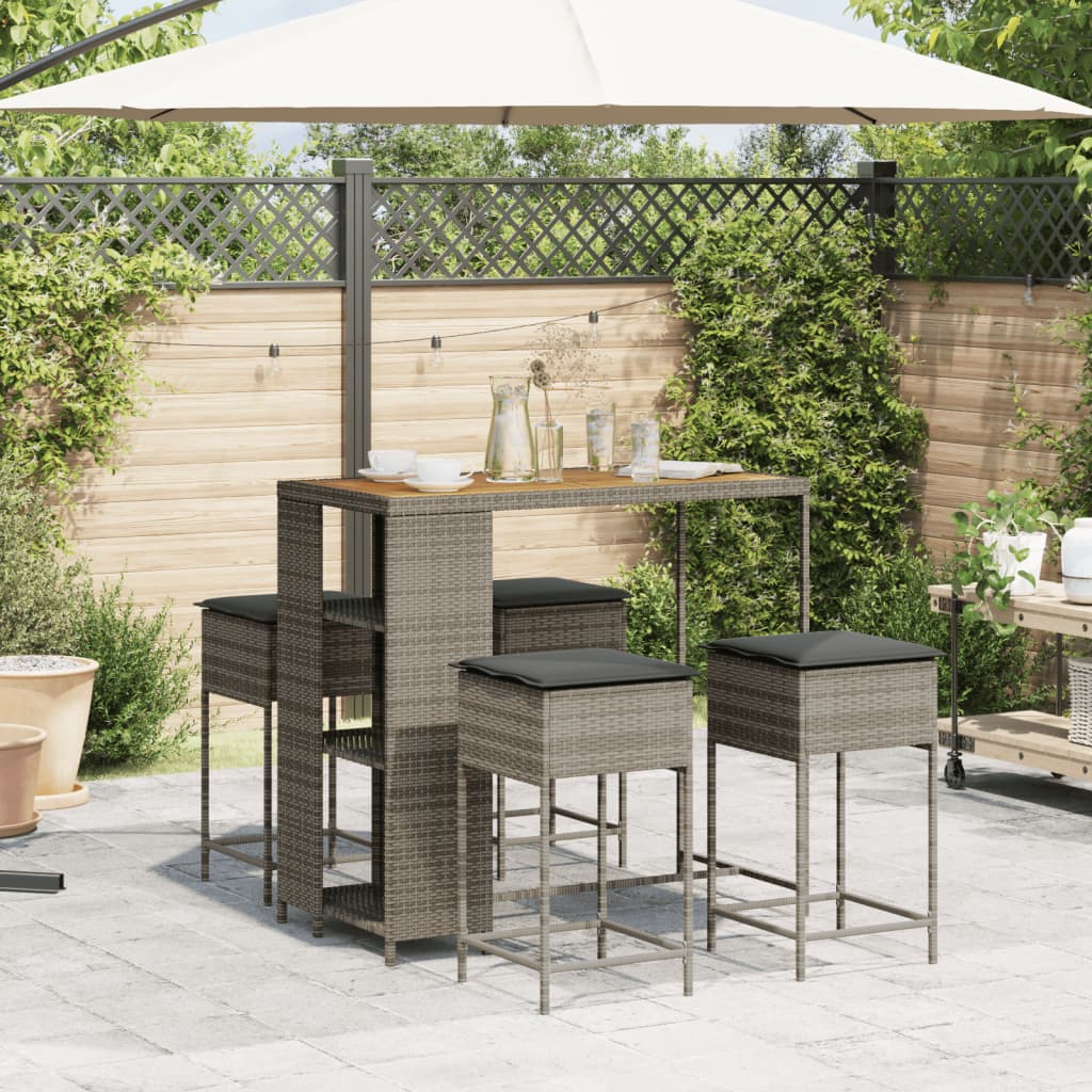 5 Pcs conjunto de bar p/ jardim c/ almofadões vime PE cinzento