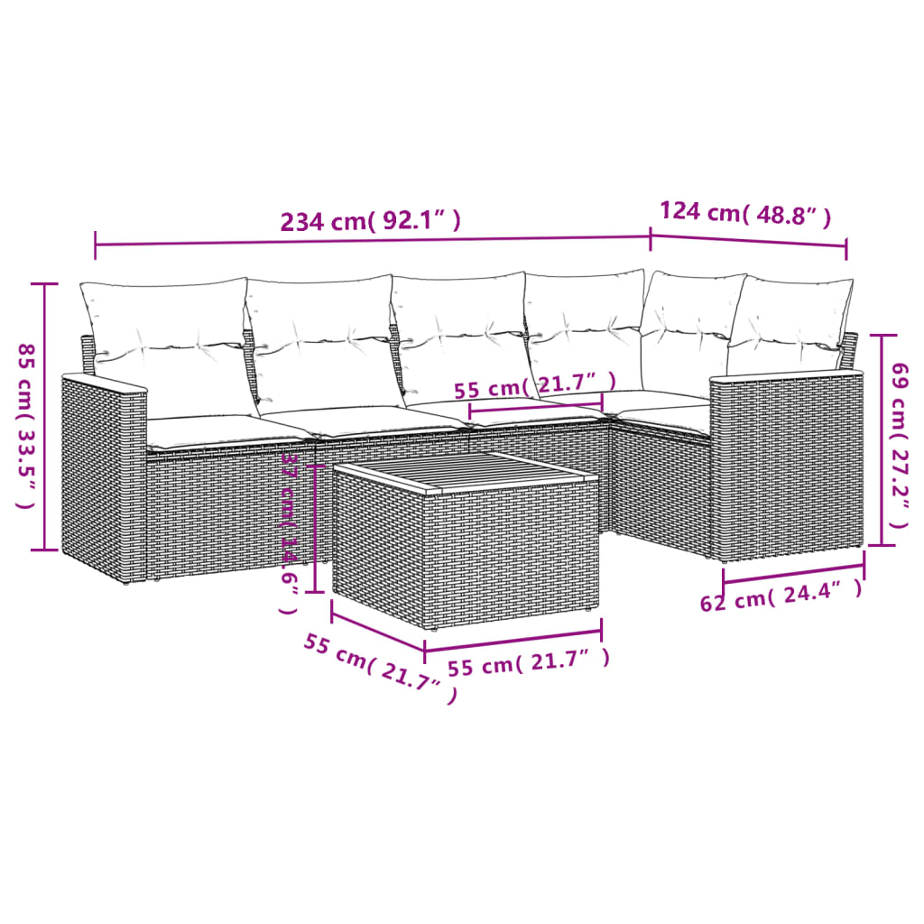 6 Pcs conjunto sofás de jardim c/ almofadões vime PE preto