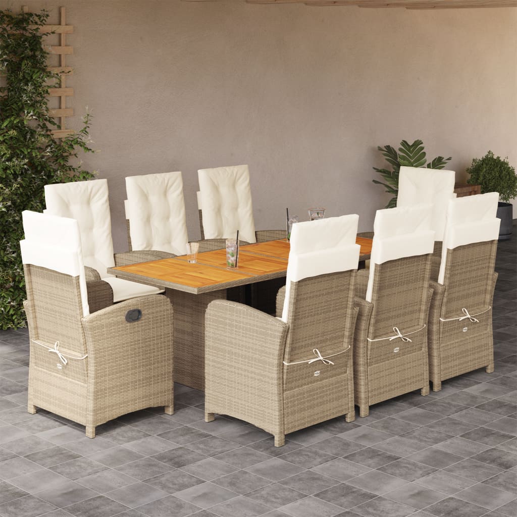 9 Pcs conj. jantar jardim c/ almofadões vime PE bege misturado