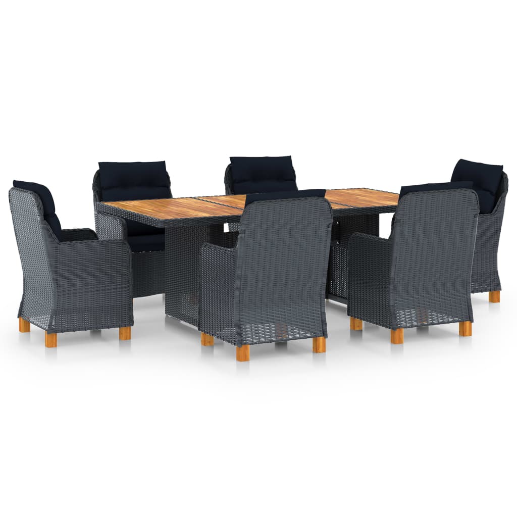 7 Pcs conj. jantar exterior c/ almofadões vime PE cinza-escuro