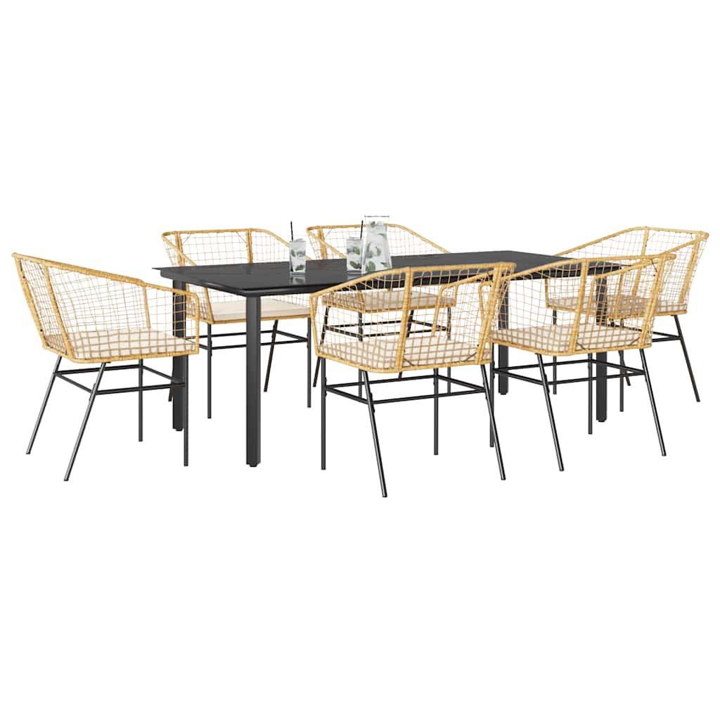 Conjunto jantar jardim 7 peças almofadas vidro vime PE castanho
