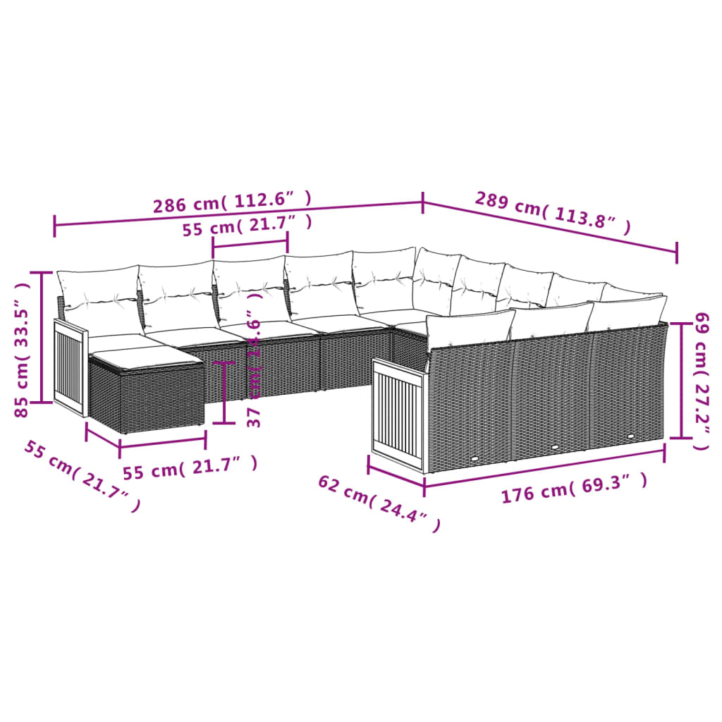 12 Pcs conjunto de sofás p/ jardim com almofadões vime PE bege