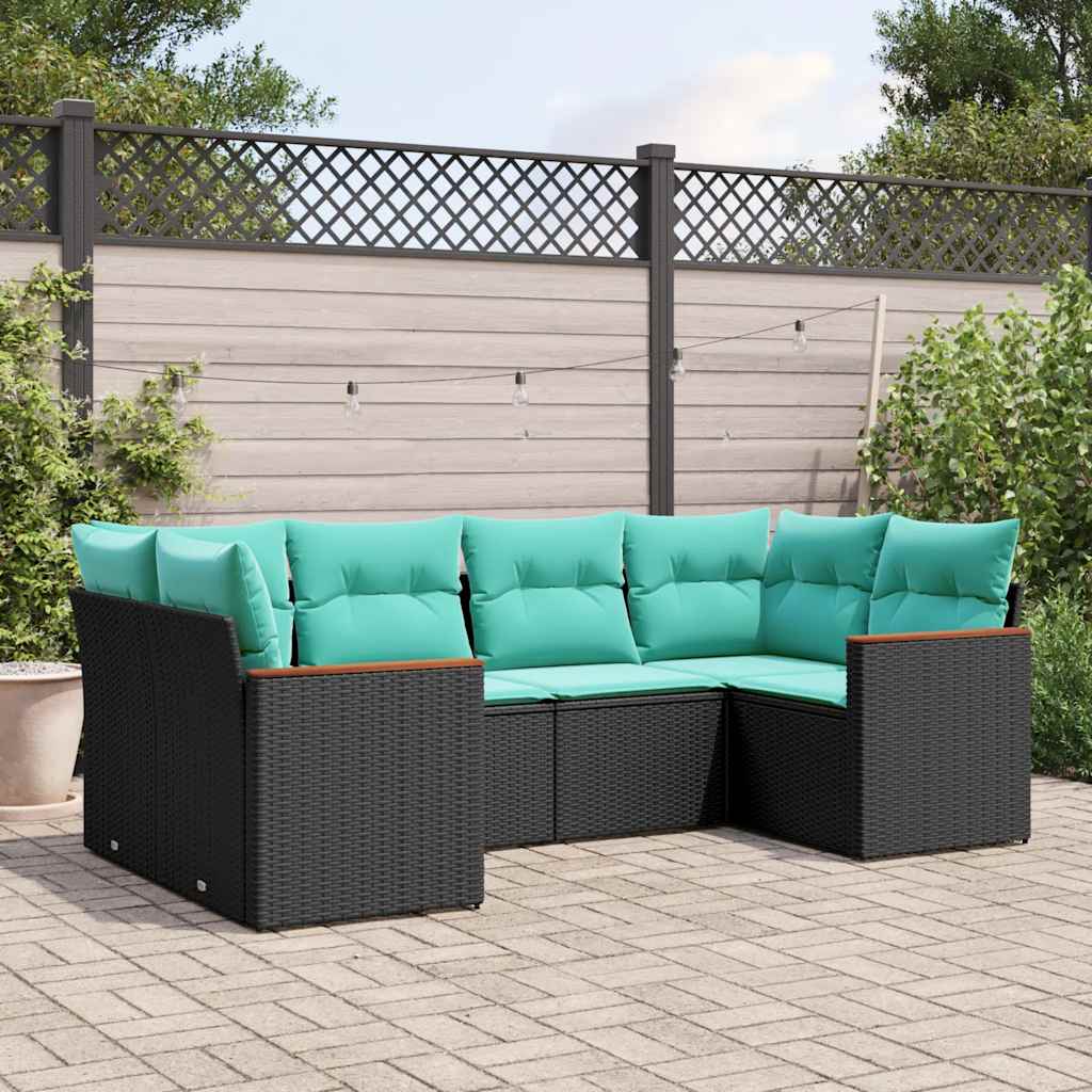 Conjunto de sofá de jardim com 6 peças e almofadas em rattan sintético preto