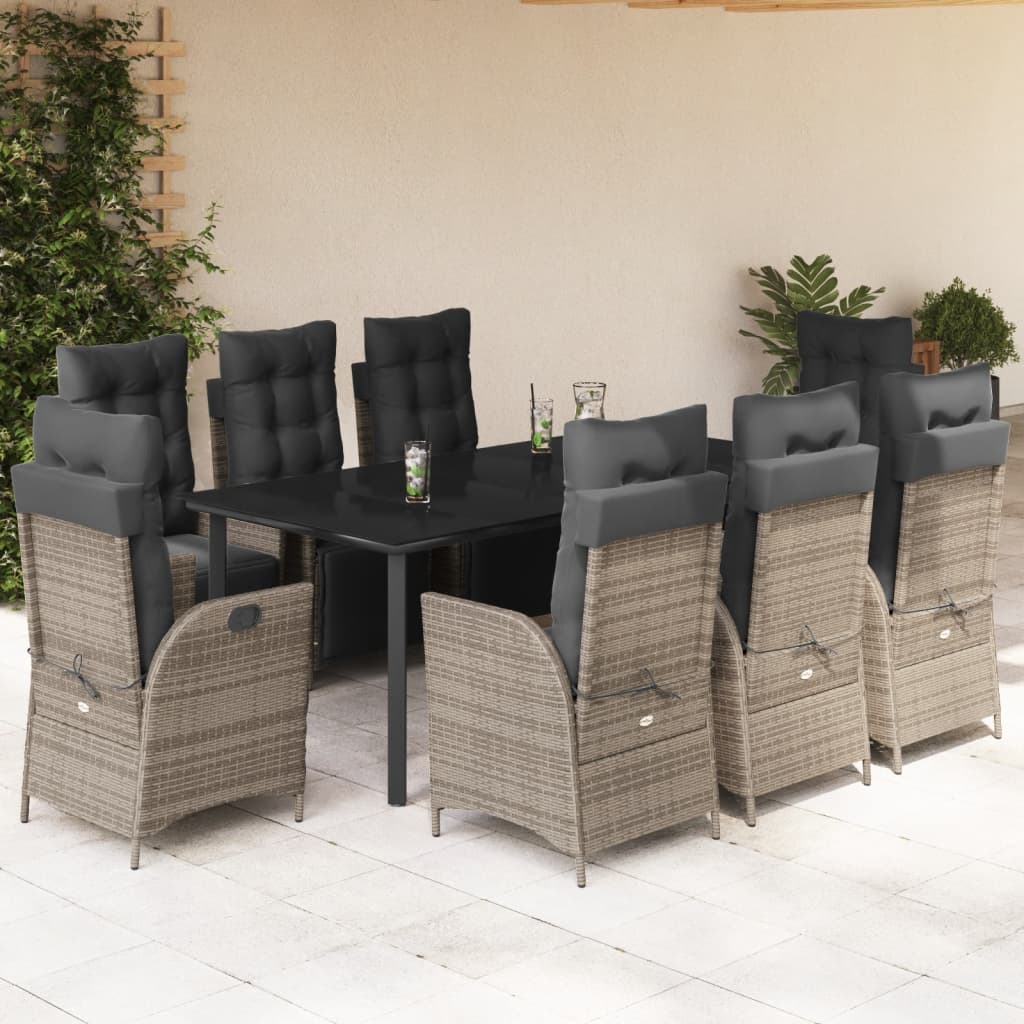 9 Pcs conjunto de jantar p/ jardim c/ almofadões vime PE cinza