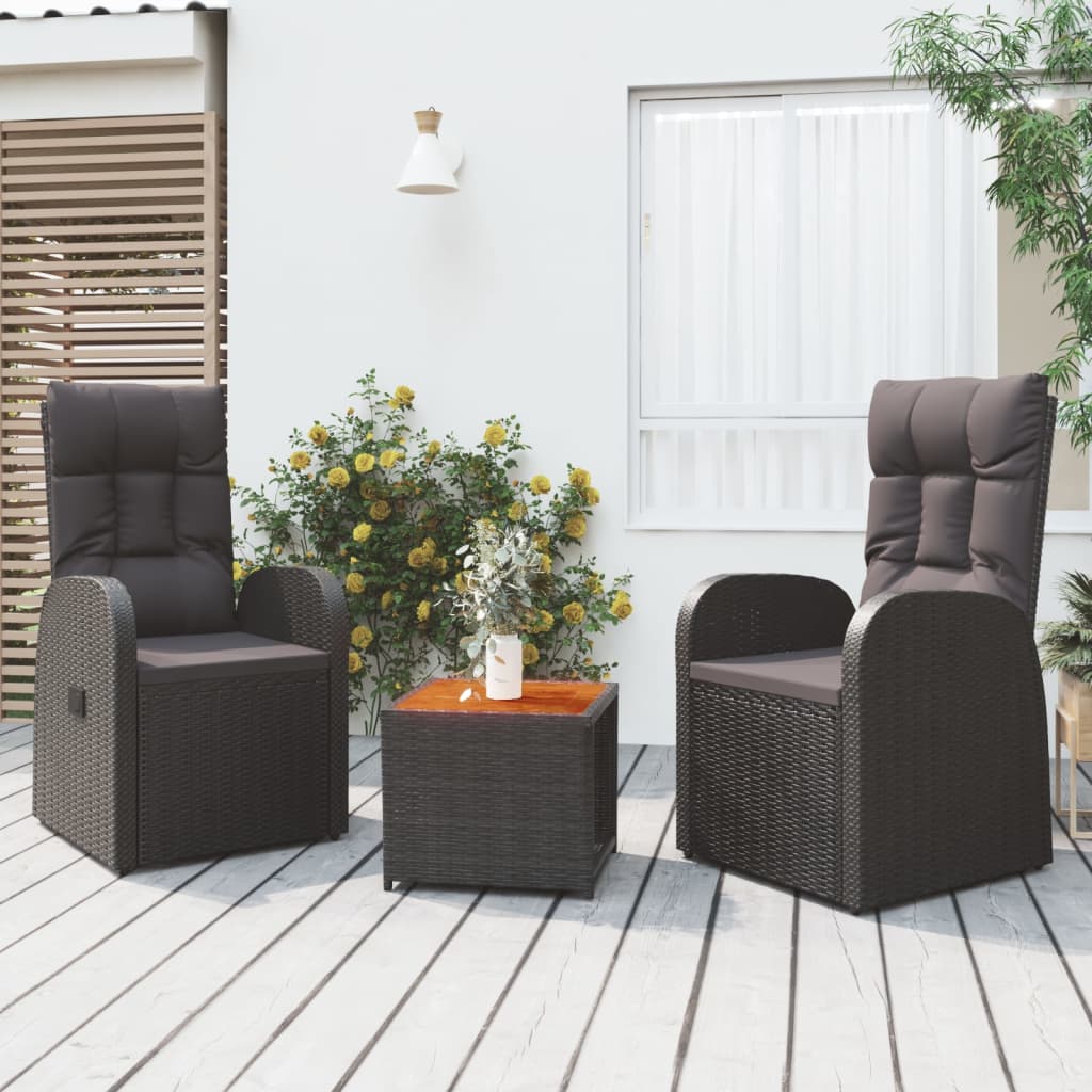 3 Pcs conjunto lounge para jardim vime PE/acácia maciça preto