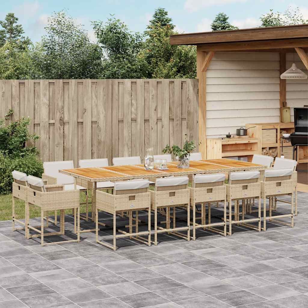15 Pcs conjunto de jantar p/ jardim com almofadões vime PE bege