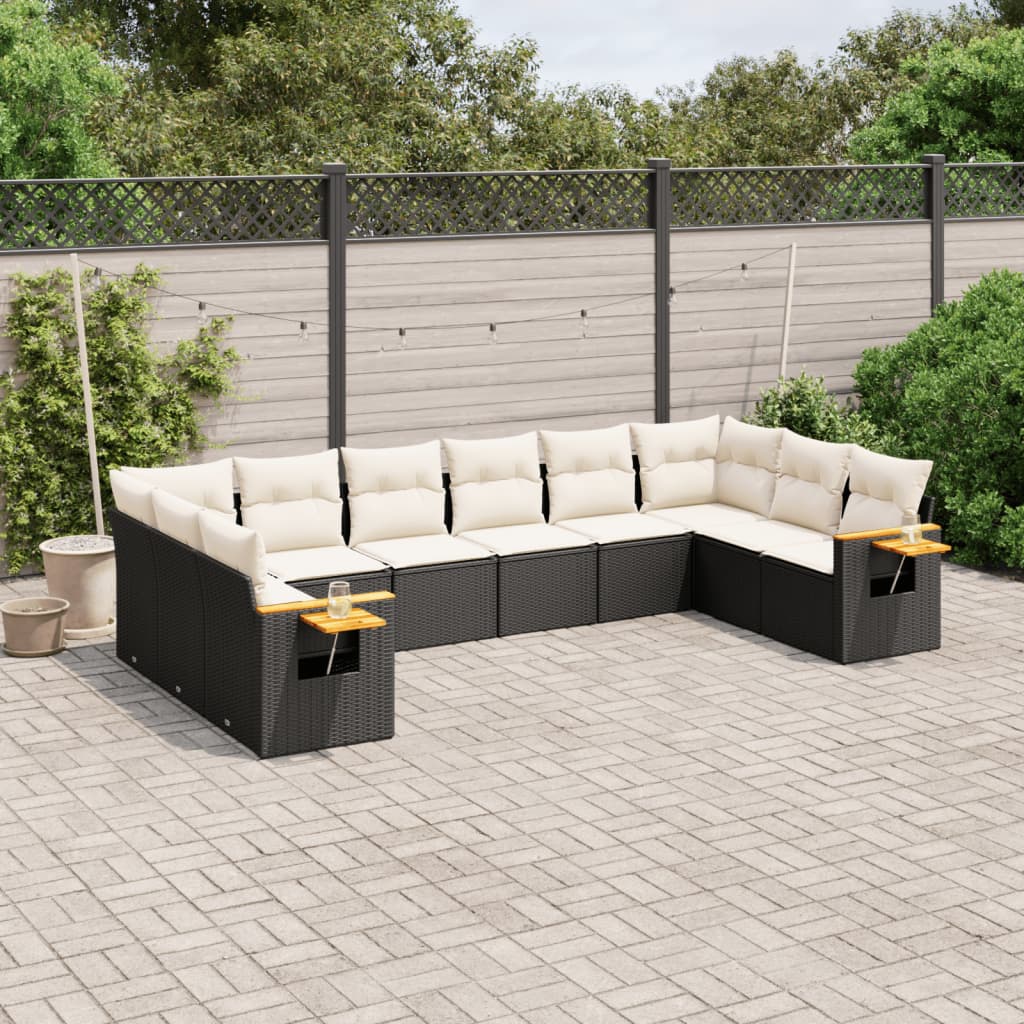 10 Pcs conjunto sofás de jardim c/ almofadões vime PE preto