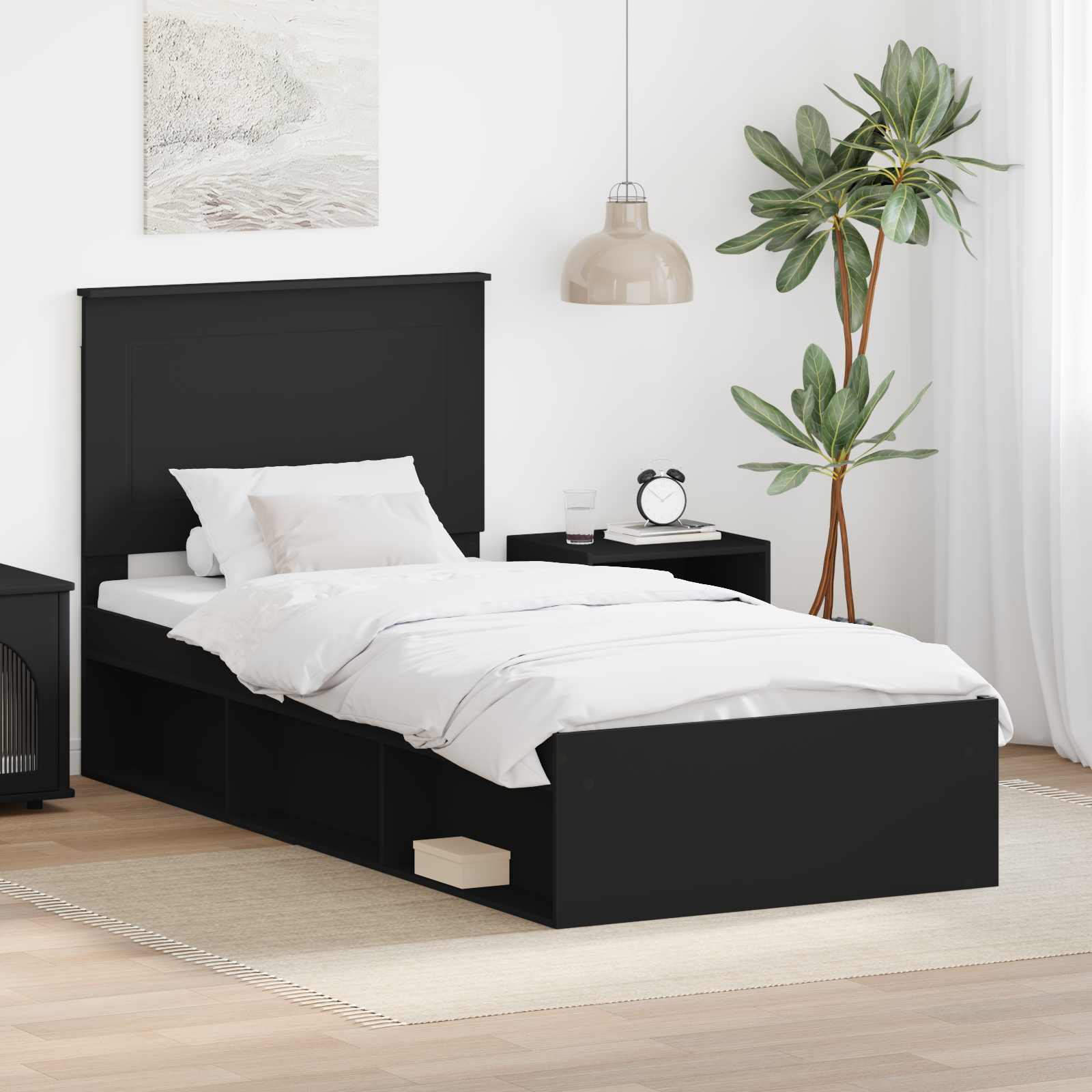 Estrutura da cama preto 100 x 200 cm madeira de pinheiro sólida