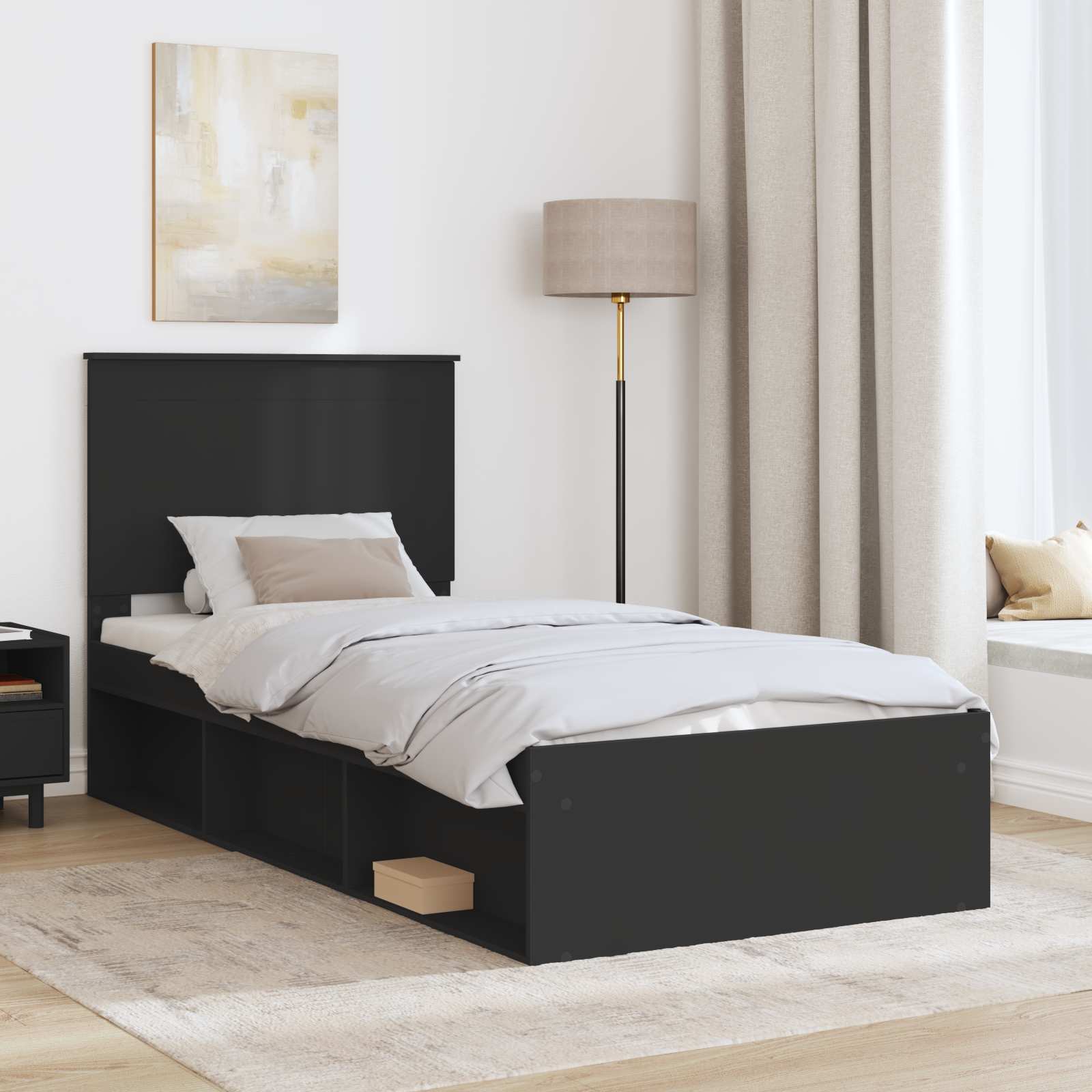 Estrutura da cama preto 100 x 200 cm madeira de pinheiro sólida